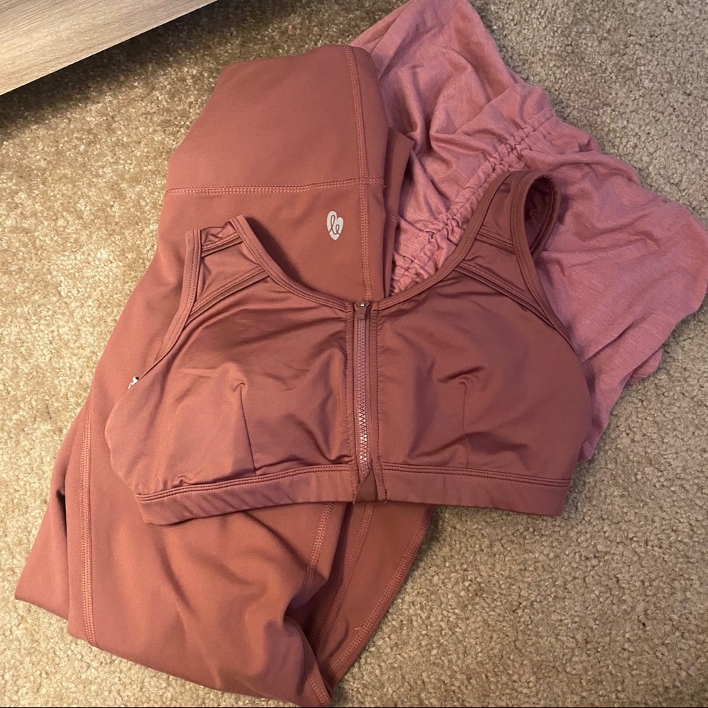 three piece dusty rose workout set